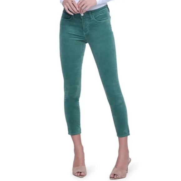 L'AGENCE 'Margot' Velvet High-Rise Crop Skinny Jeans, Frosty Spruce (Green) - Picture 1 of 3